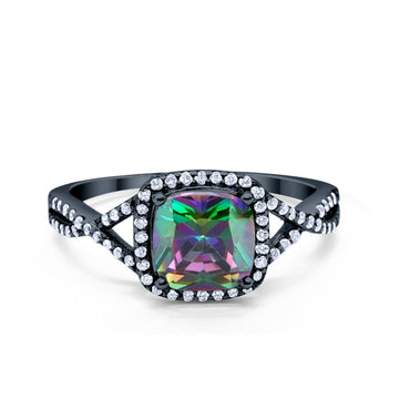 Halo Infinity Shank Engagement Ring Cushion Black Tone, Simulated Rainbow CZ 925 Sterling Silver